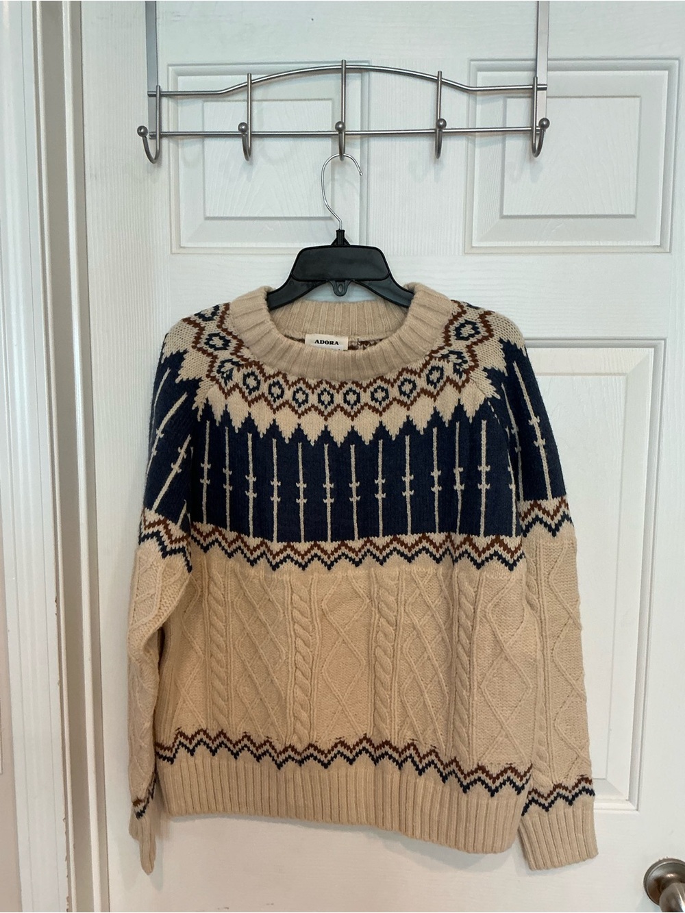 ADORA Cream & Navy Fair Isle Cable-Knit Crewneck Sweater